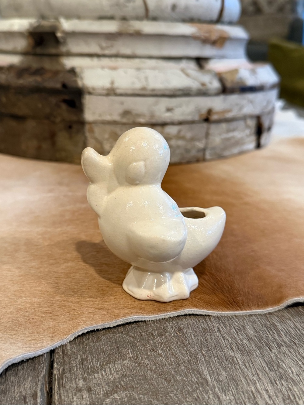 Miniature Vintage Ceramic Duck Planter in Cream - Decorative Home Accent